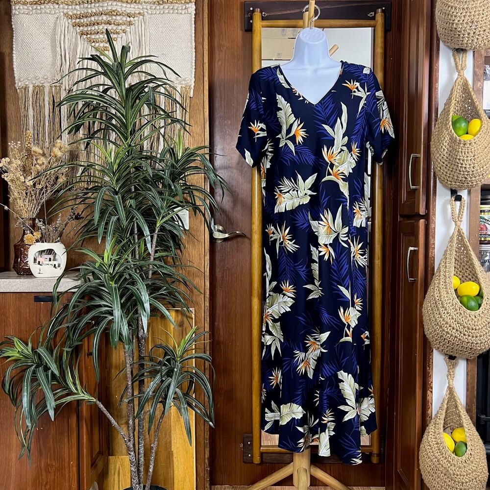 Vintage Hawaiian Rayon Midi Dress 1XL | 90s Made In Hawaii USA Navy Palm Bird